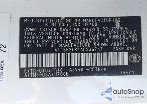 2010 Toyota Camry Le from USA, damaged, VIN 4T1BF3EK4AU536717